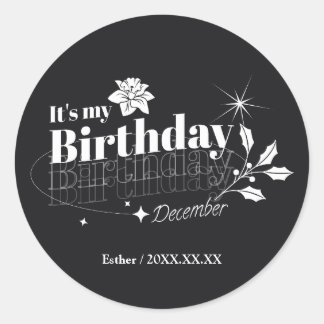 Personalized Modern Black Floral December Birthday Runder Aufkleber