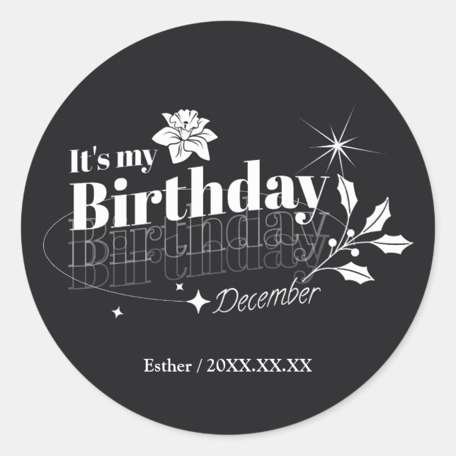 Personalized Modern Black Floral December Birthday Runder Aufkleber (Vorderseite)