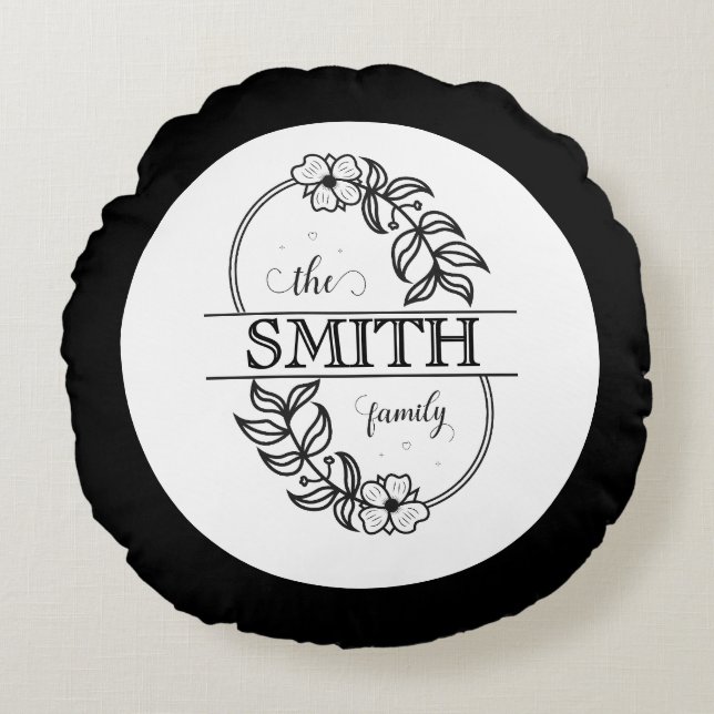  Personalized Modern Floral Family Name Monogram Rundes Kissen (Vorderseite)