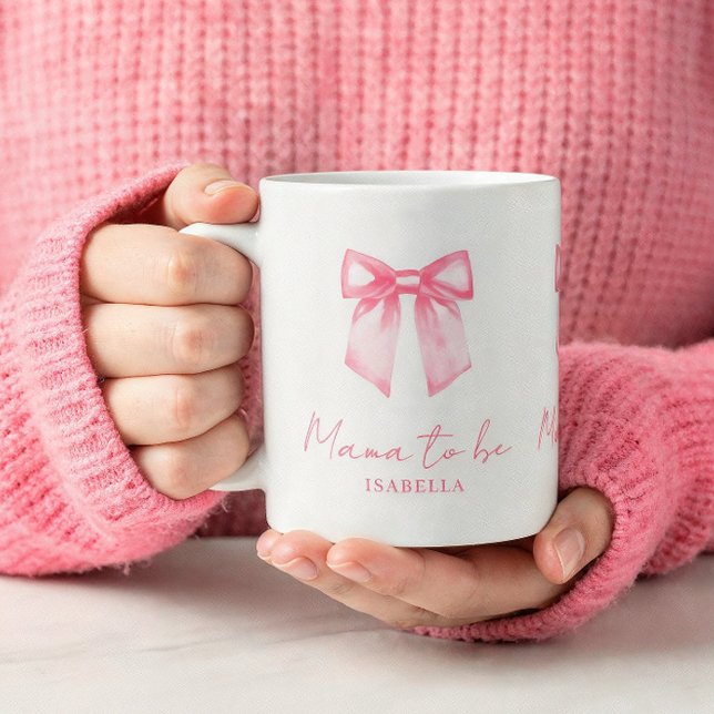 Personalized Modern Mama To Be Pink Bow Mug Kaffeetasse (An 11-oz mug is shown. Customize it with name and choose mug style and size.)