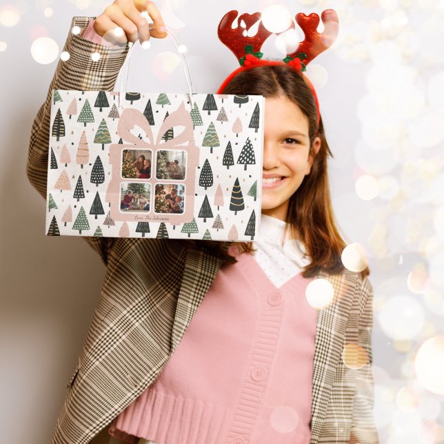 Personalized Modern Pink Christmas Photo Gift Bag Große Geschenktüte (Von Creator hochgeladen)