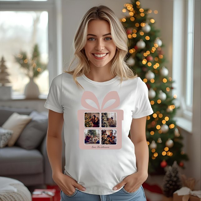 Personalized Modern Pink Christmas Photo Gift Box T-Shirt (Von Creator hochgeladen)