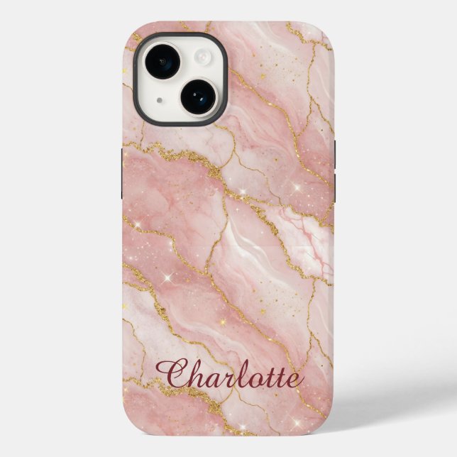 Personalized Modern Rose Quartz Marble Gold Case-Mate iPhone Hülle (Rückseite)