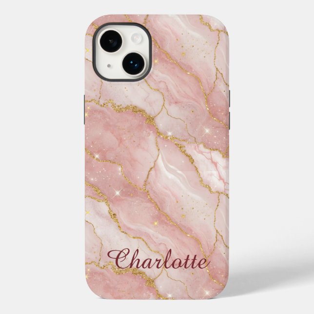 Personalized Modern Rose Quartz Marble Gold Case-Mate iPhone Hülle (Rückseite)