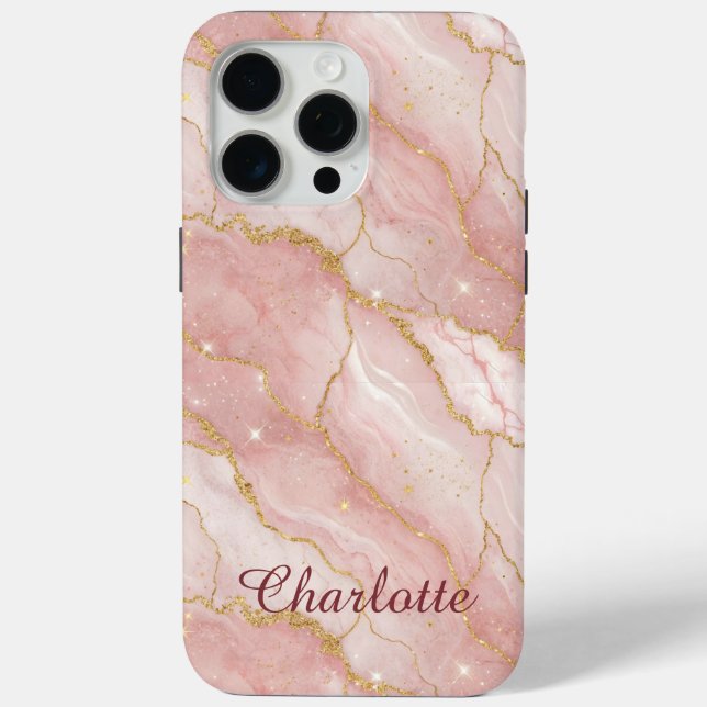 Personalized Modern Rose Quartz Marble Gold Case-Mate iPhone Hülle (Rückseite)