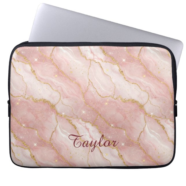 Personalized Modern Rose Quartz Marble Gold Glitte Laptopschutzhülle (Vorderseite)