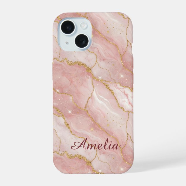 Personalized Modern Rose Quartz Marble Gold iPhone 15 Hülle (Rückseite)