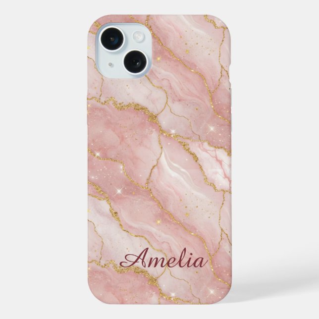 Personalized Modern Rose Quartz Marble Gold iPhone Hülle (Rückseite)