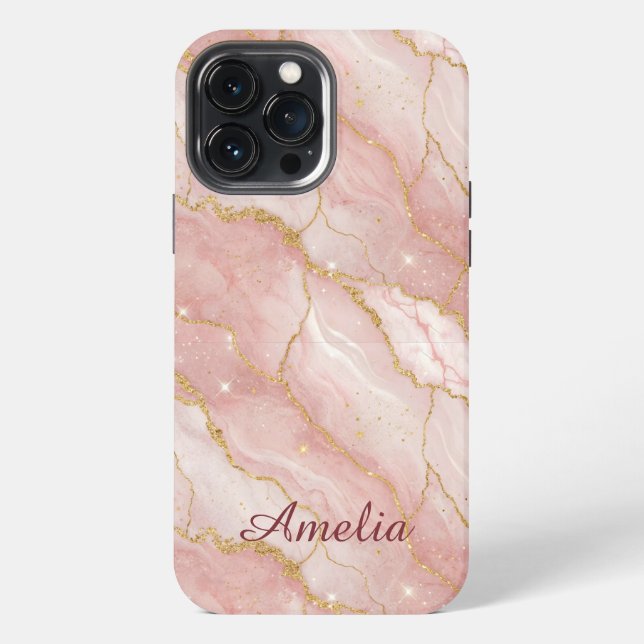 Personalized Modern Rose Quartz Marble Gold iPhone Hülle (Rückseite)
