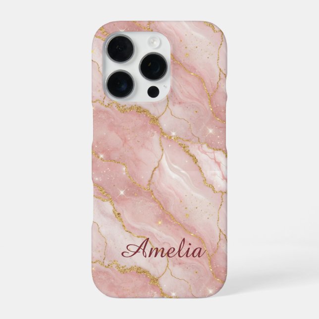 Personalized Modern Rose Quartz Marble Gold iPhone Hülle (Rückseite)
