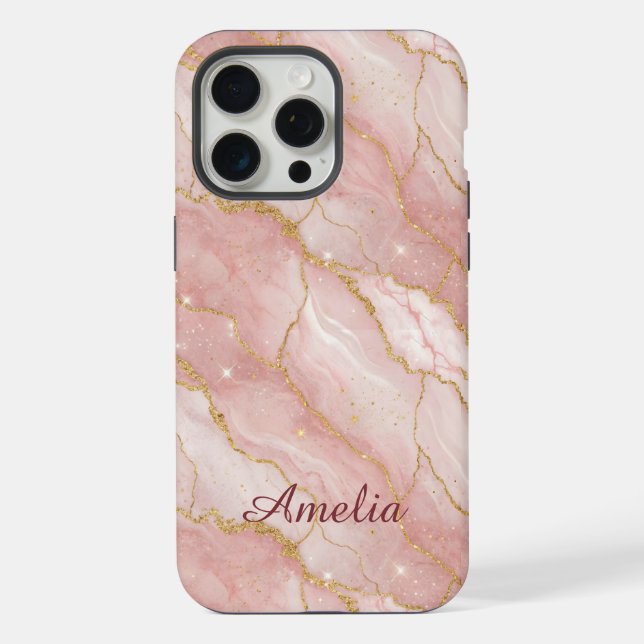 Personalized Modern Rose Quartz Marble Gold iPhone Hülle (Rückseite)