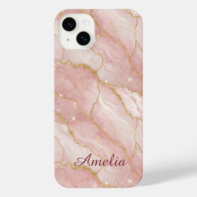 Personalized Modern Rose Quartz Marble Gold iPhone Hülle (Rückseite)