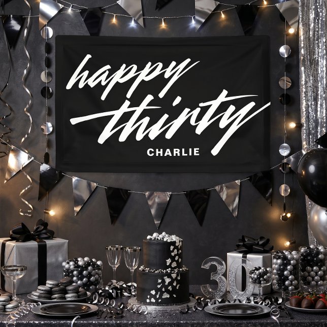Personalized Modern Script Black 30th Birthday Banner (Banner shown in 2.5 x 4 feet. Personalize with your name and choose a size.)