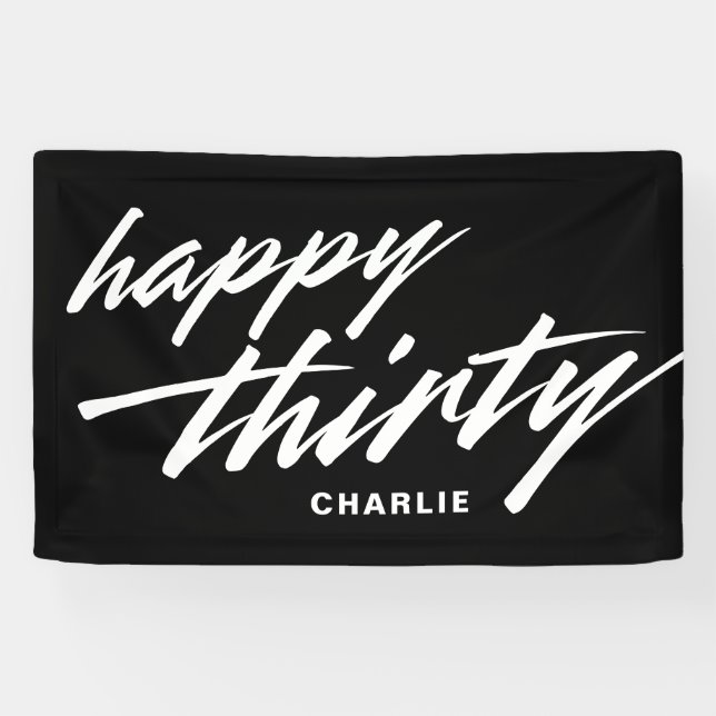 Personalized Modern Script Black 30th Birthday Banner (Horizontal)