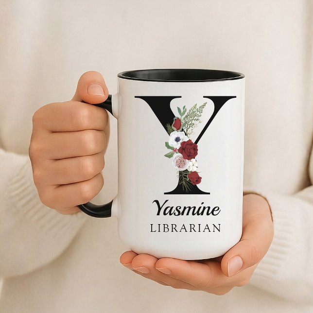 Personalized Monogram Alphabet Mug for Librarian Tasse (Personalized Monogram Floral Alphabet Mug for Mom, Grandma, Teacher, Nurse, Lawyer or Bridesmaid)
