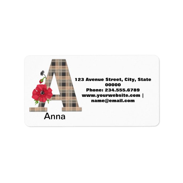 Personalized monogram editable A text red flower Adressaufkleber (Vorne)