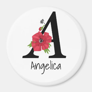 Personalized monogram editable A text red flower Magnet