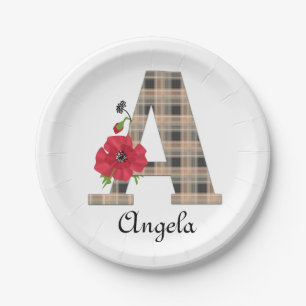 Personalized monogram editable A text red flower Pappteller