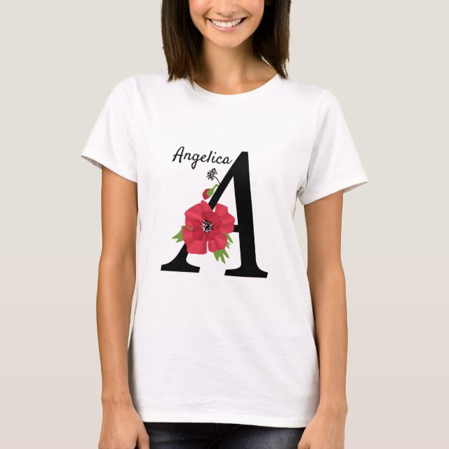 Personalized monogram editable A text red flower T-Shirt (Vorderseite)