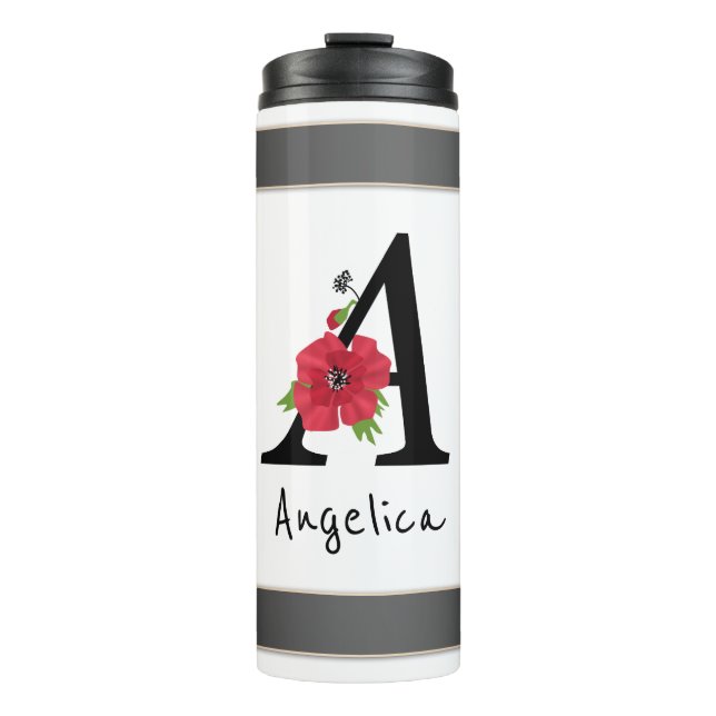 Personalized monogram editable A text red flower Thermosbecher (Vorderseite)