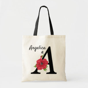 Personalized monogram editable A text red flower Tragetasche