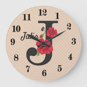 Personalized monogram editable J text red flower Große Wanduhr
