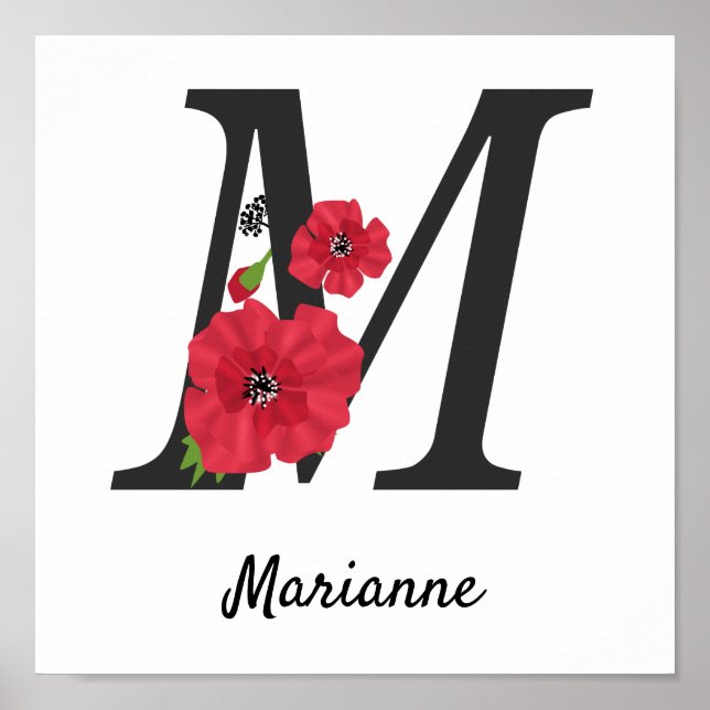 Personalized monogram editable M text red flower Poster (Vorne)
