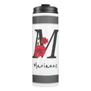 Personalized monogram editable M text red flower Thermosbecher