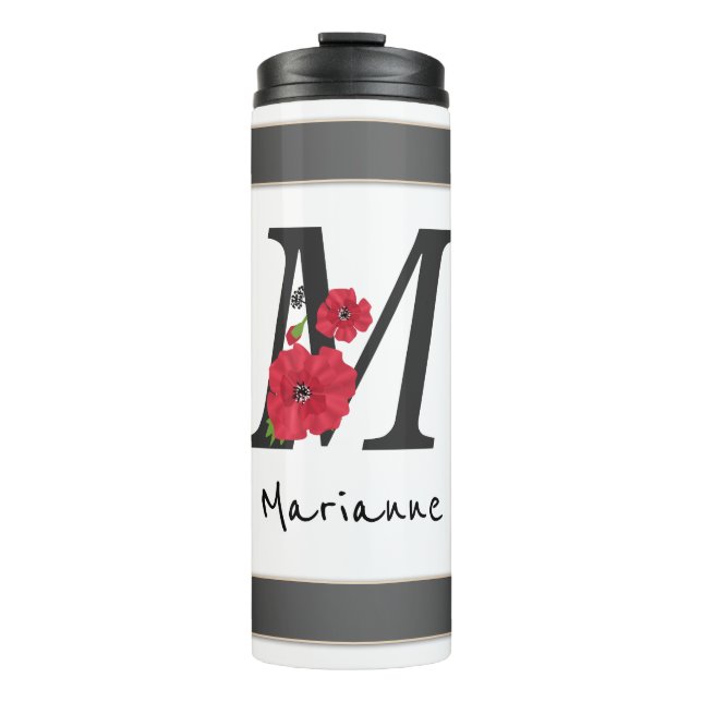 Personalized monogram editable M text red flower Thermosbecher (Vorderseite)