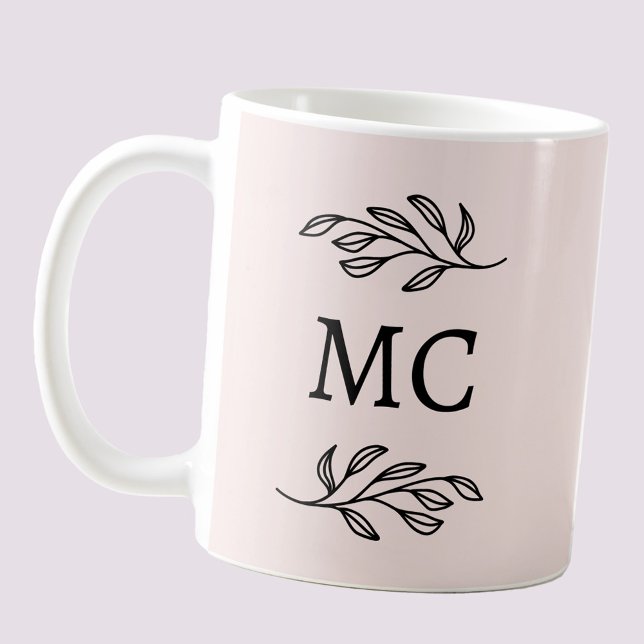 Personalized Monogram Initials Botanical Blush Kaffeetasse (Modern personalized monogram initials botanical leaf line art coffee mug)