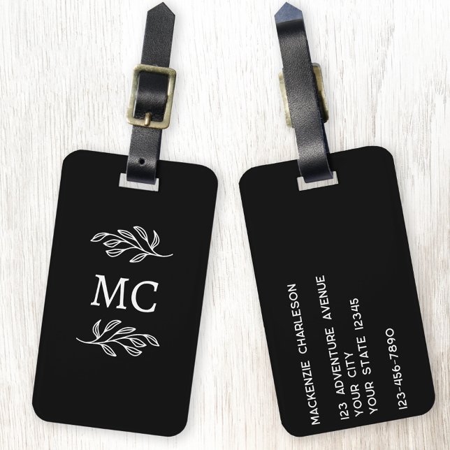 Personalized Monogram Initials Botanical Leaf Gepäckanhänger (Personalized monogram initial botanical leaf art minimalist black and white luggage tag)