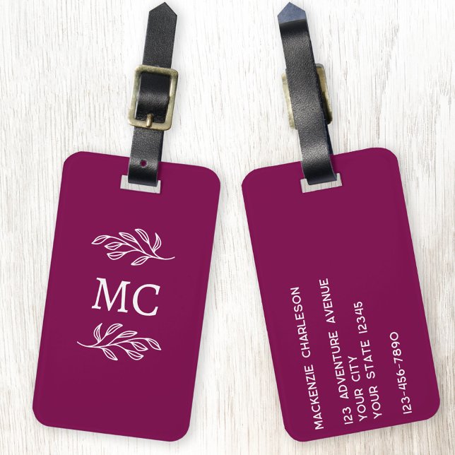 Personalized Monogram Initials Botanical Leaf Gepäckanhänger (Personalized monogram initial botanical leaf art minimalist cherry pink luggage tag)