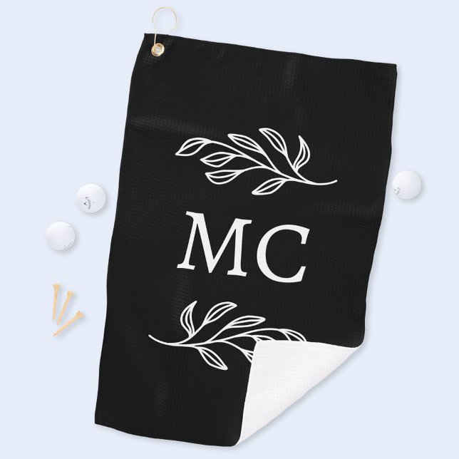 Personalized Monogram Initials Botanical Leaf Golfhandtuch (Modern personalized monogram initials botanical leaf line art golf towel)