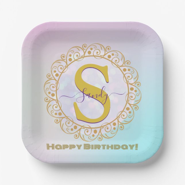 Personalized Monogram Mandala Gold and Blue Pappteller (Vorderseite)