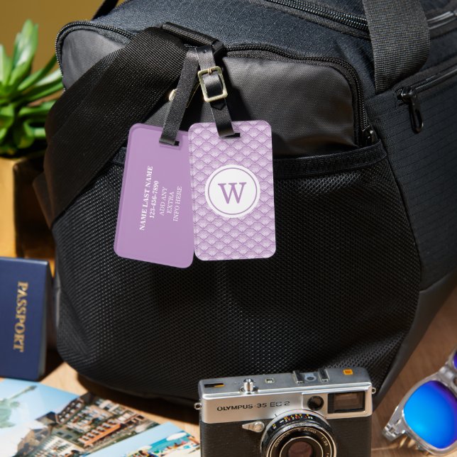 Personalized Monogram Purple Floral Pattern Gepäckanhänger (Vorderseite & Rückseite)