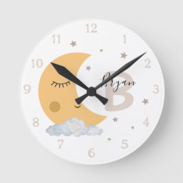 Personalized Moon Nursery Wall Clock Neutral Beige Runde Wanduhr