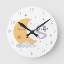 Personalized Moon & Stars Nursery Clock Lavender Runde Wanduhr