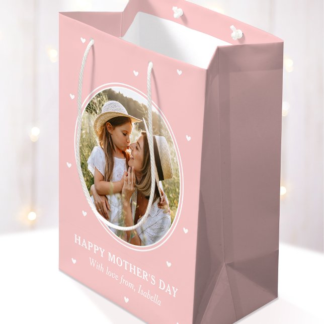Personalized Mother's Day Photos Cute Pink White Mittlere Geschenktüte (Von Creator hochgeladen)