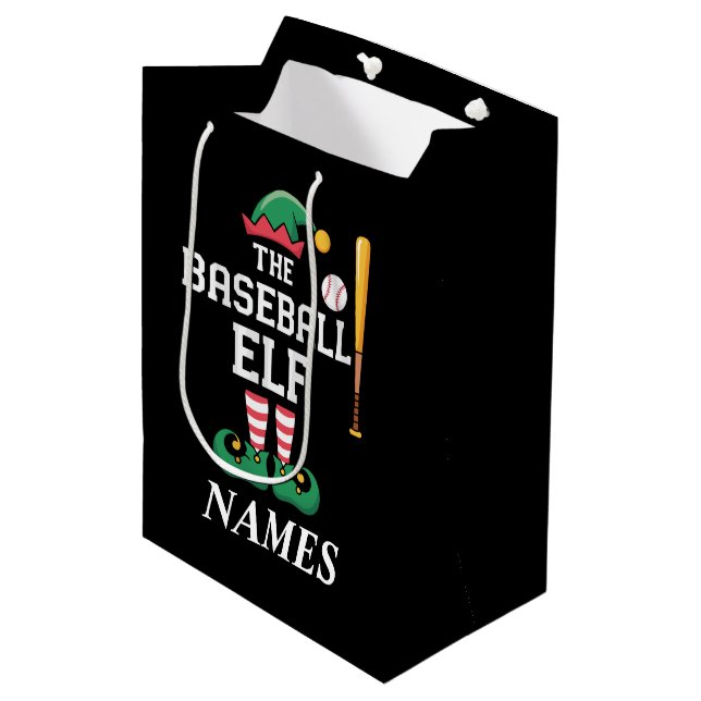Personalized Name Baseball Elf Family Matching  Mittlere Geschenktüte (Vorderseite Schrägansicht)