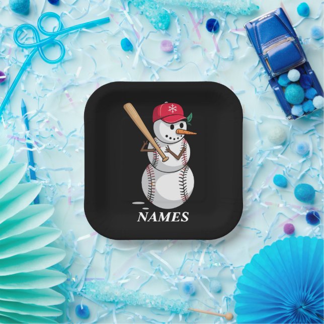 Personalized Name Baseball Snowman Balls Snow Xmas Pappteller (Party)