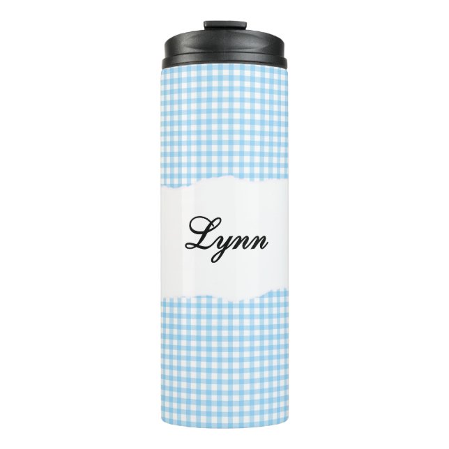 Personalized Name Blue Gingham Pattern Thermosbecher (Vorderseite)