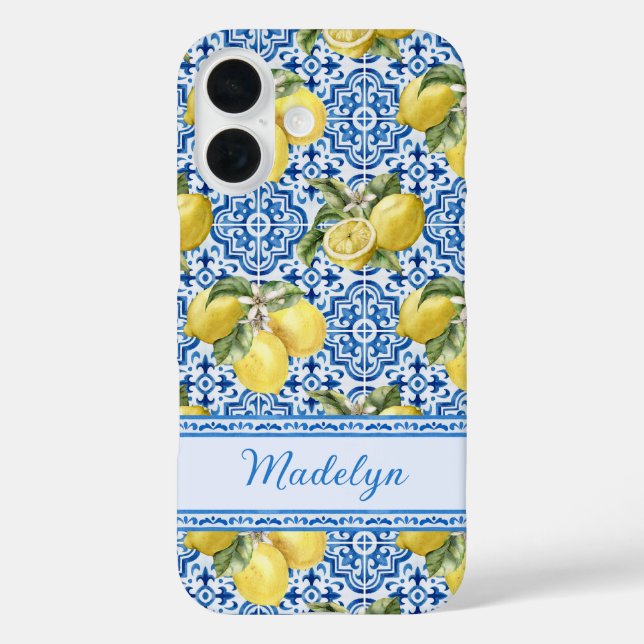 Personalized Name Blue Tile Mediterranean Lemon Case-Mate iPhone Hülle (Rückseite)
