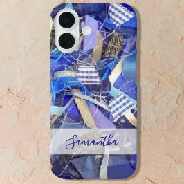 Personalized Name Blue White Lilac Abstract Stripe iPhone 16 Hülle