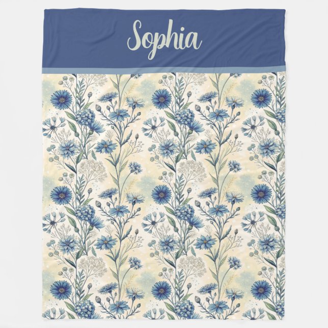 Personalized Name Blue Wildflowers Fleecedecke (Vorderseite)