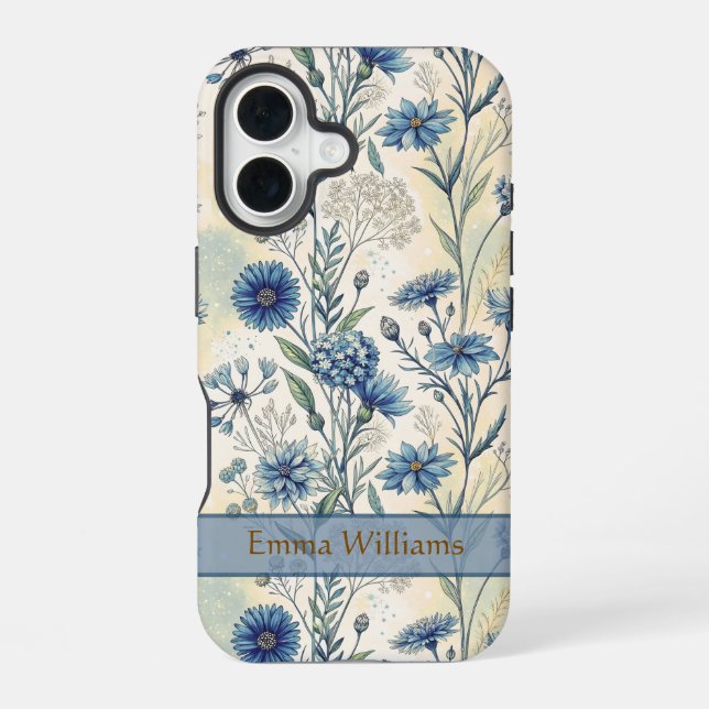Personalized Name Blue Wildflowers iPhone 16 Hülle (Rückseite)