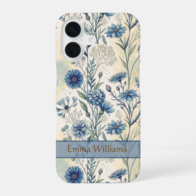 Personalized Name Blue Wildflowers iPhone 16 Hülle (Rückseite)