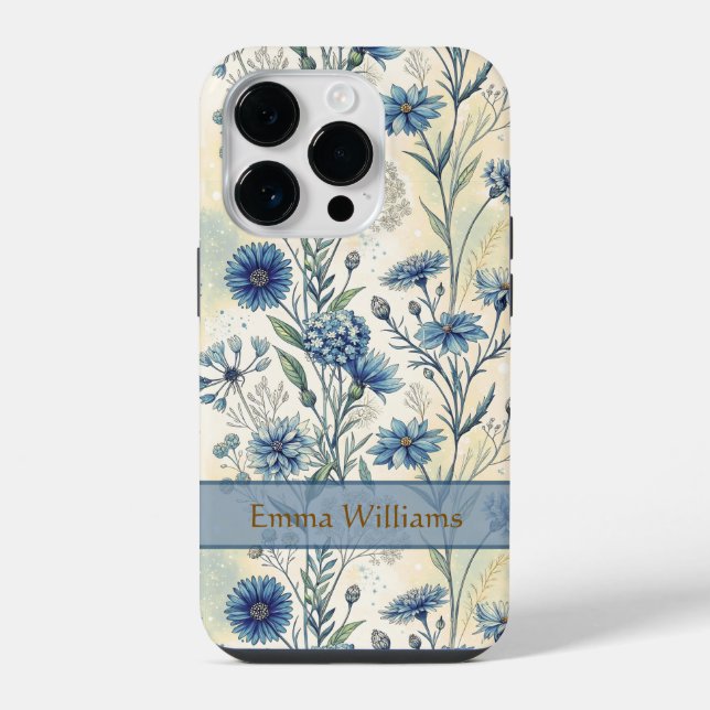 Personalized Name Blue Wildflowers iPhone Hülle (Rückseite)