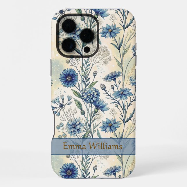 Personalized Name Blue Wildflowers iPhone Hülle (Rückseite)