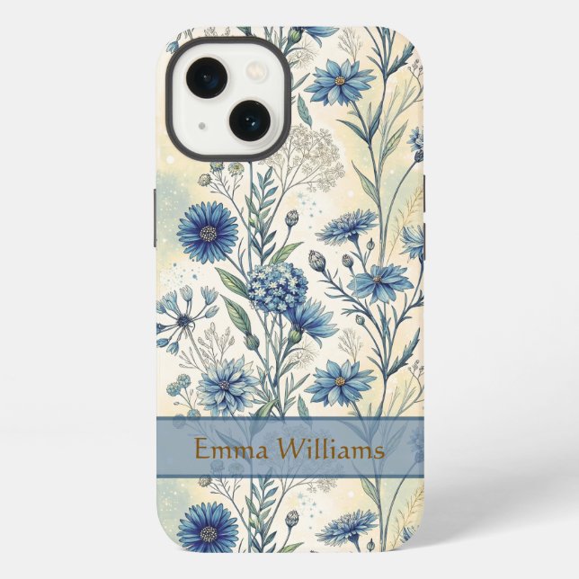 Personalized Name Blue Wildflowers iPhone Hülle (Rückseite)