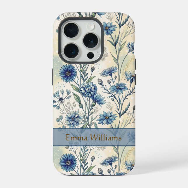 Personalized Name Blue Wildflowers iPhone Hülle (Rückseite)